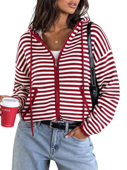 Women Y2K Striped Zip‑Up Hooded Oversized Jacket