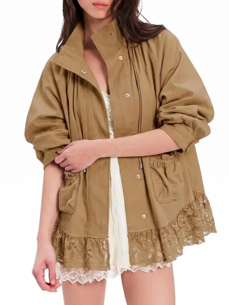 Women Lace Hem Stand‑Collar Drawstring Loose Jacket