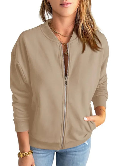 Women Solid Full‑Zip Loose Bomber Jacket with Kangaroo Pocket