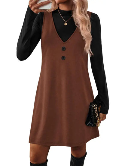 Women 2‑Piece Set Long‑Sleeve Top & Pinafore Dress With Pockets