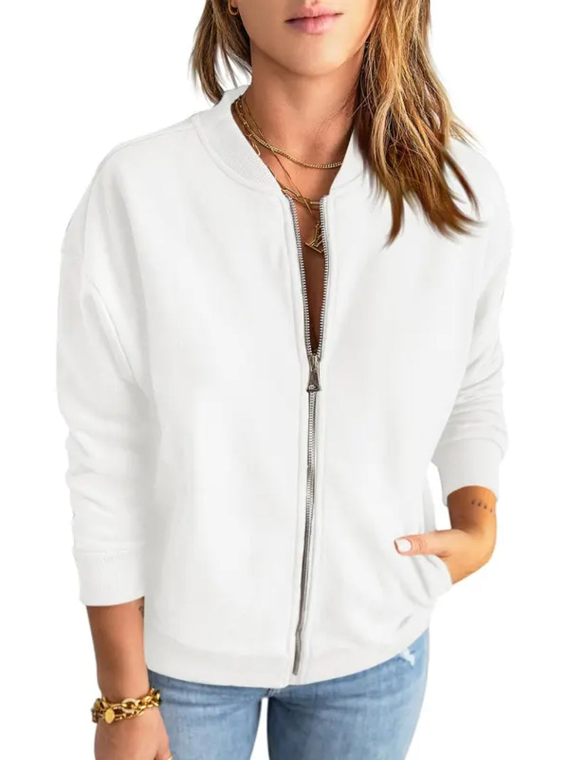 Women Solid Full‑Zip Loose Bomber Jacket with Kangaroo Pocket
