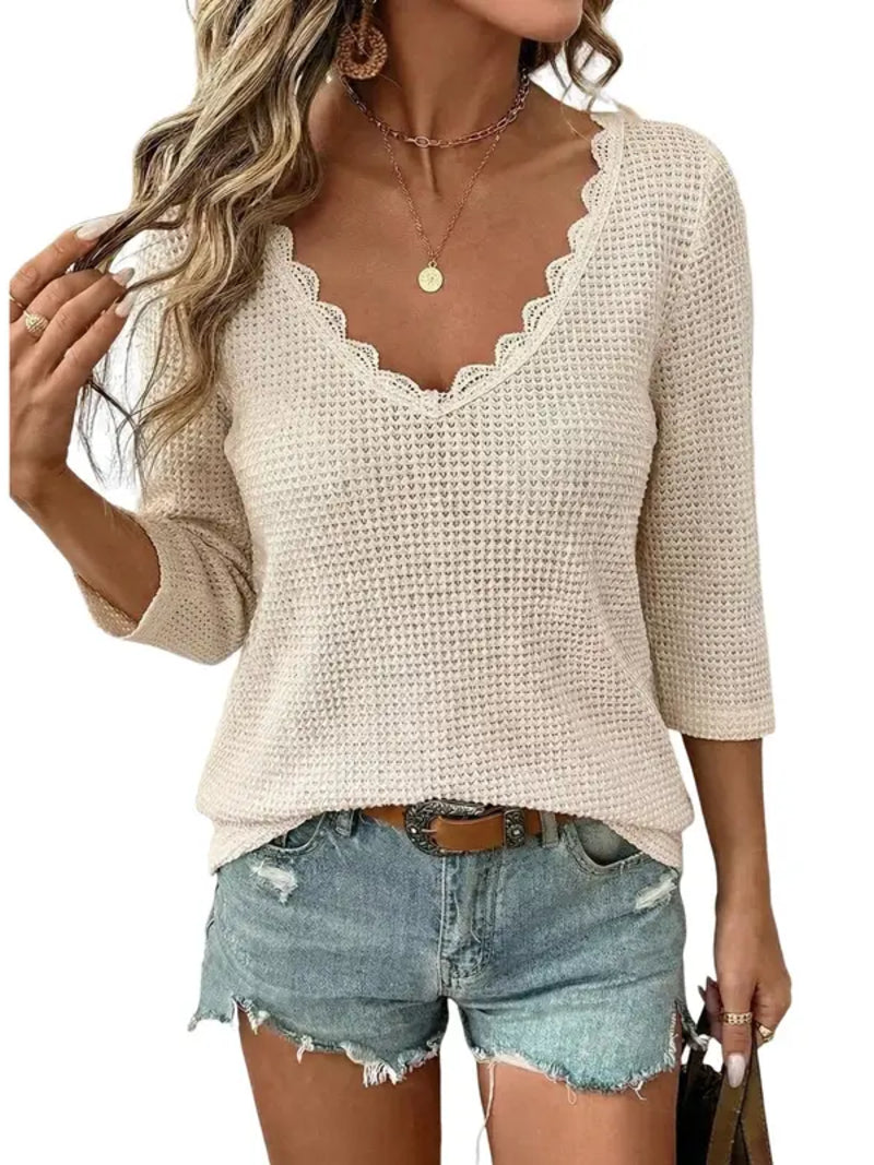 Women Lace Trim U Neck Waffle Knit Top
