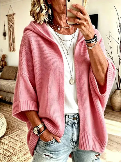 Women 3/4 Sleeve Hooded Knit Cardigan