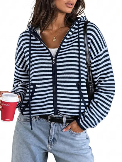 Women Y2K Striped Zip‑Up Hooded Oversized Jacket