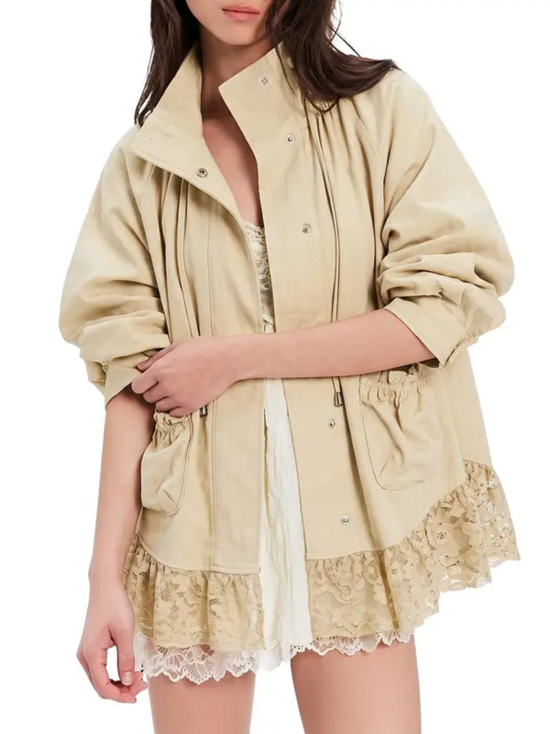 Women Lace Hem Stand‑Collar Drawstring Loose Jacket