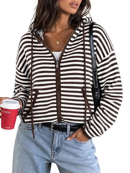 Women Y2K Striped Zip‑Up Hooded Oversized Jacket