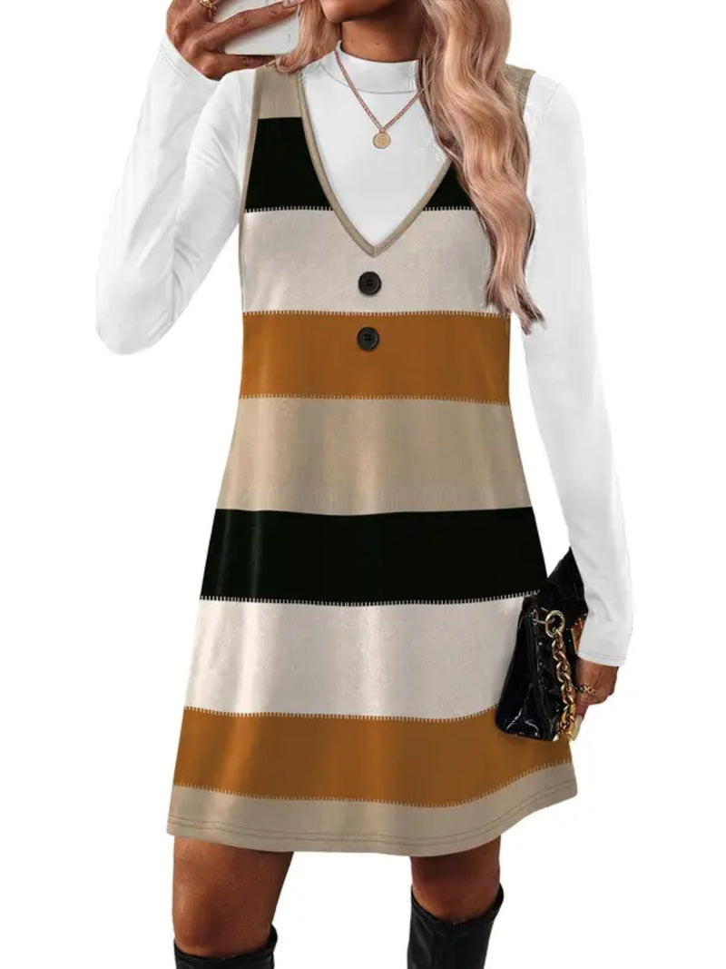 Women 2‑Piece Set Long‑Sleeve Top & Pinafore Dress With Pockets