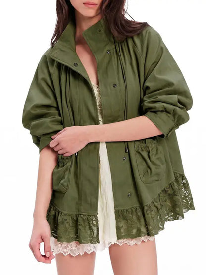 Women Lace Hem Stand‑Collar Drawstring Loose Jacket