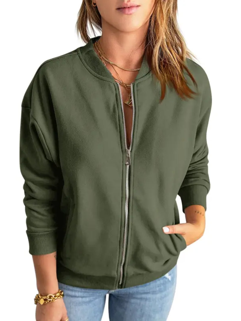 Women Solid Full‑Zip Loose Bomber Jacket with Kangaroo Pocket