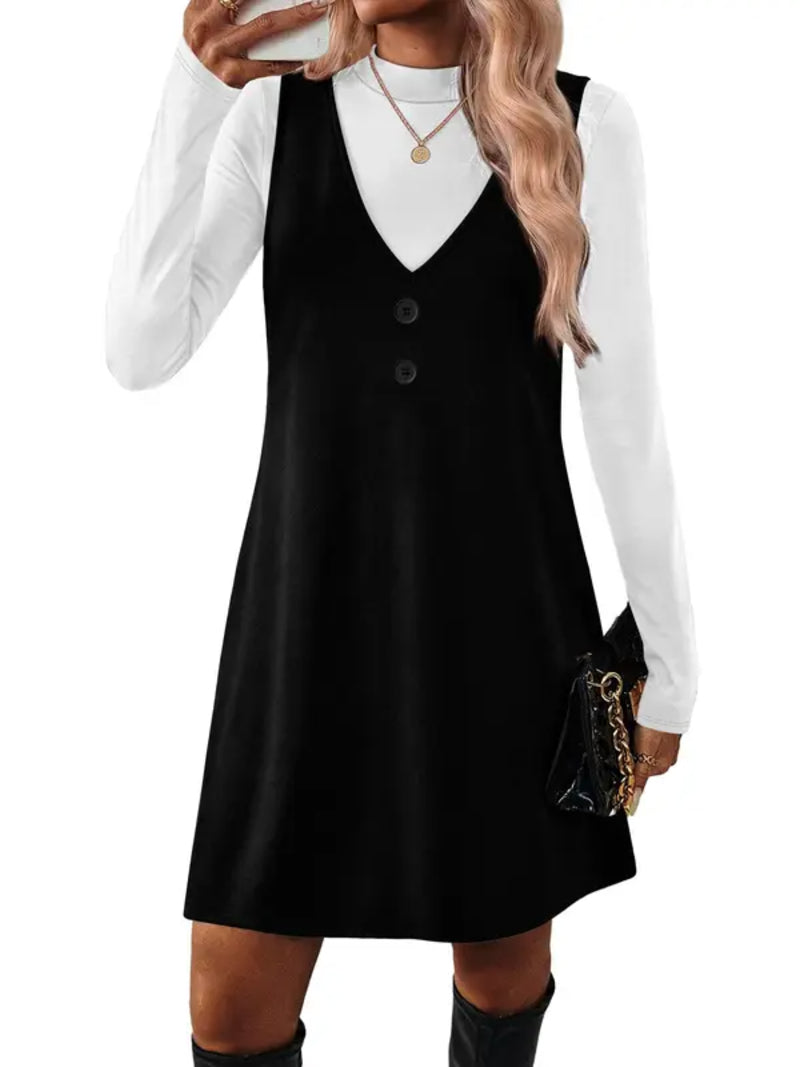 Women 2‑Piece Set Long‑Sleeve Top & Pinafore Dress With Pockets