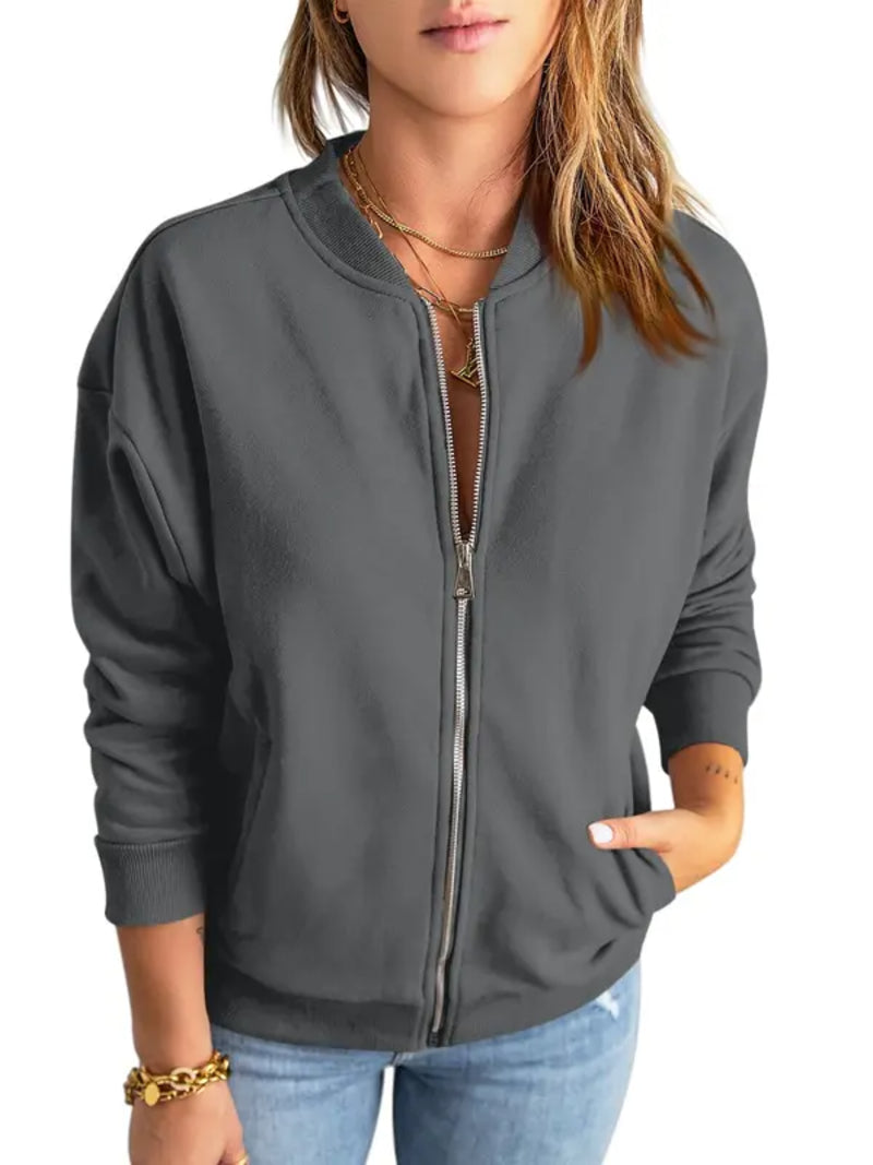 Women Solid Full‑Zip Loose Bomber Jacket with Kangaroo Pocket