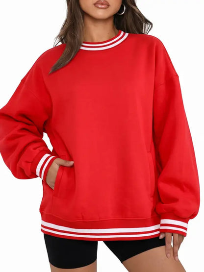 Women Retro Varsity Striped Trim Crew Neck Oversized Sweatshirt