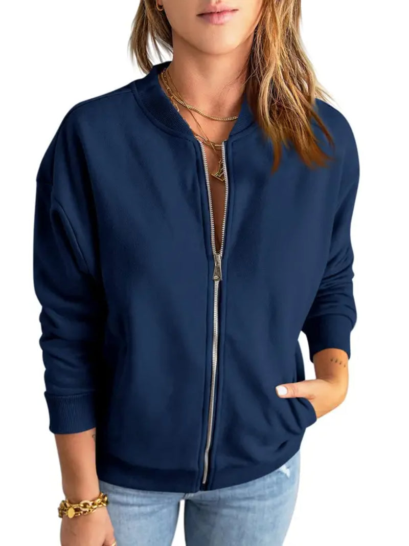 Women Solid Full‑Zip Loose Bomber Jacket with Kangaroo Pocket