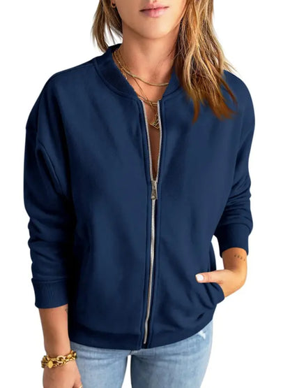 Women Solid Full‑Zip Loose Bomber Jacket with Kangaroo Pocket