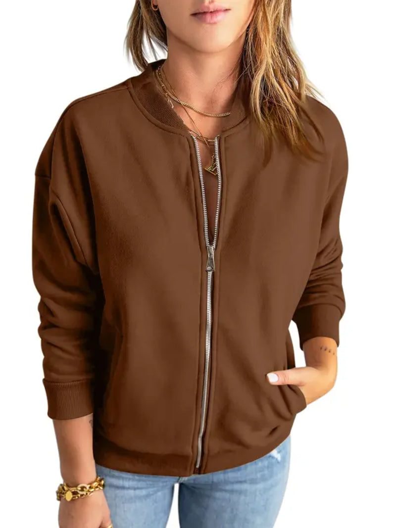 Women Solid Full‑Zip Loose Bomber Jacket with Kangaroo Pocket