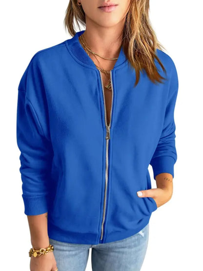 Women Solid Full‑Zip Loose Bomber Jacket with Kangaroo Pocket