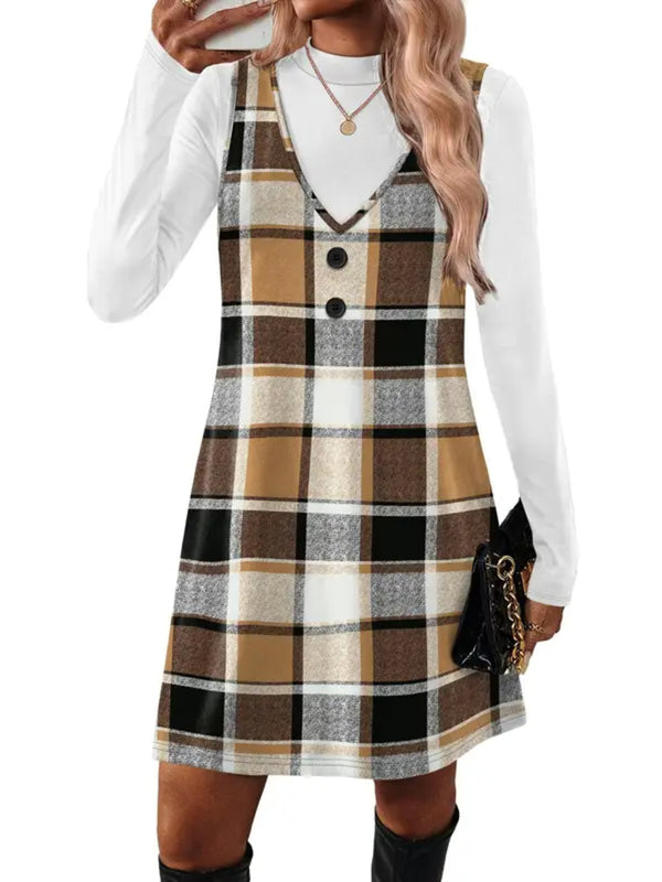 Women 2‑Piece Set Long‑Sleeve Top & Pinafore Dress With Pockets