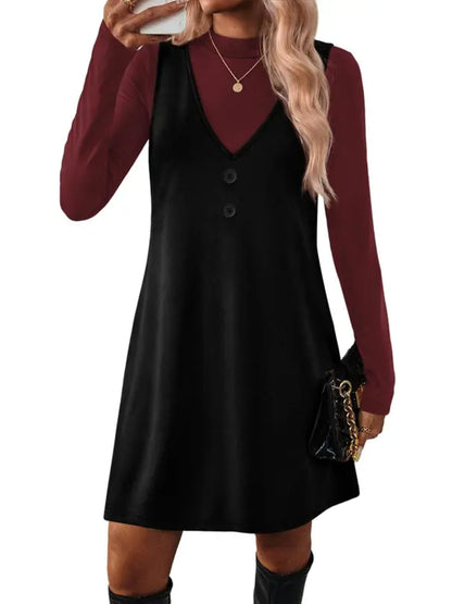 Women 2‑Piece Set Long‑Sleeve Top & Pinafore Dress With Pockets