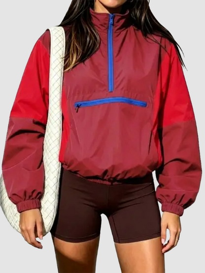 Women Retro Color Block Half Zip Windbreaker
