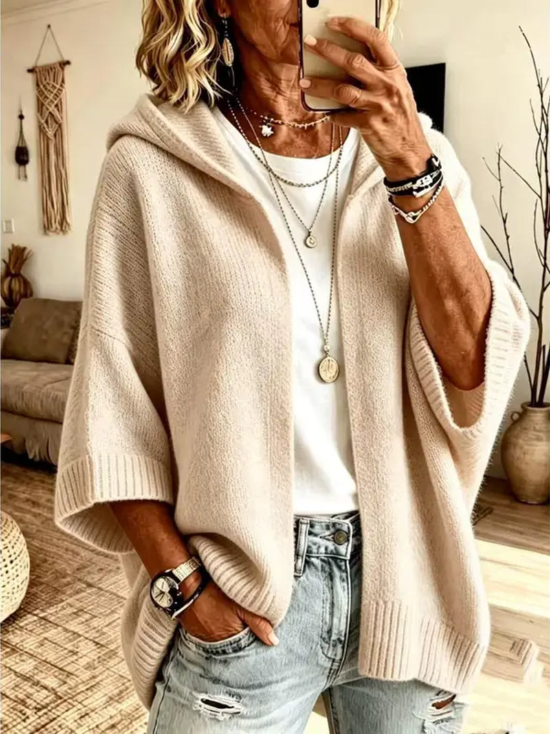 Women 3/4 Sleeve Hooded Knit Cardigan