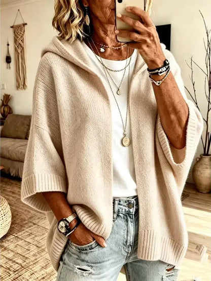 Women 3/4 Sleeve Hooded Knit Cardigan