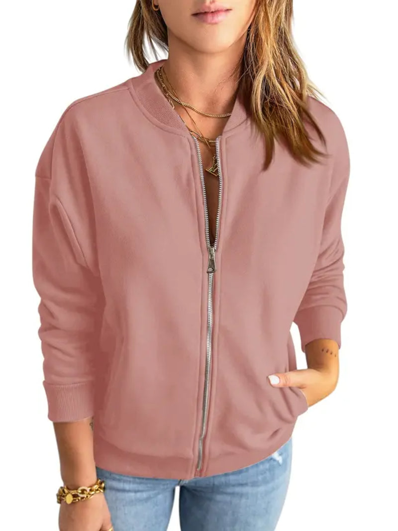 Women Solid Full‑Zip Loose Bomber Jacket with Kangaroo Pocket