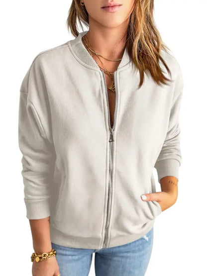 Women Solid Full‑Zip Loose Bomber Jacket with Kangaroo Pocket