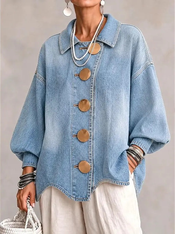 Vintage Washed Denim Coat With Large Buttons