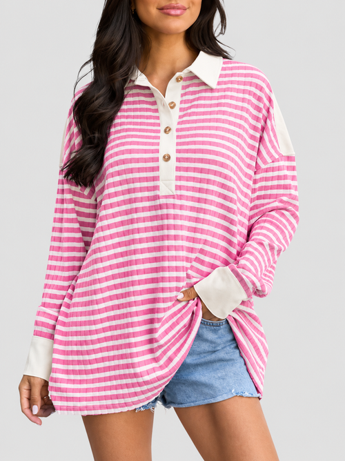 Women Oversized Striped Drop‑Shoulder Polo Shirt