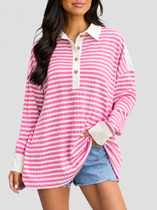 Women Oversized Striped Drop‑Shoulder Polo Shirt