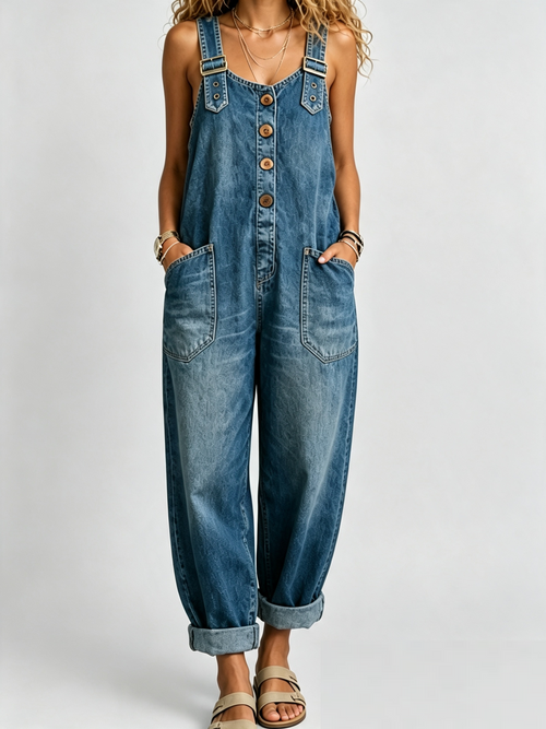 Womens Vintage Loose Wide Leg Jean Bib Overalls