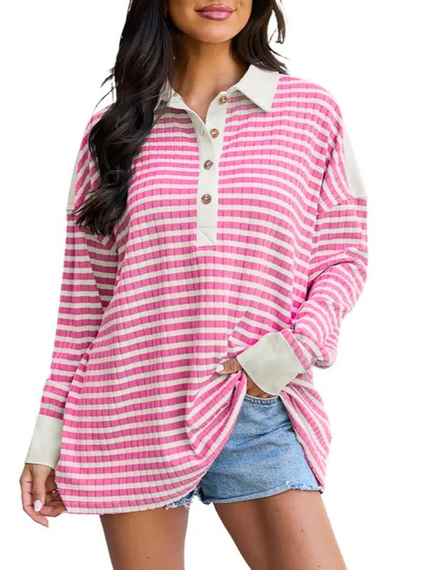 Women Oversized Striped Drop‑Shoulder Polo Shirt