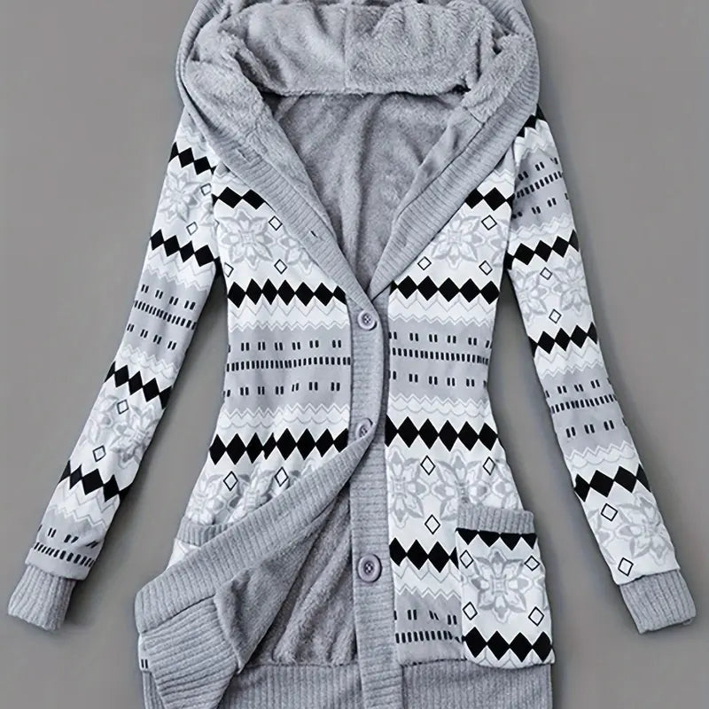 Y2K Geometric Fair Isle Hooded Button Knit Cardigan