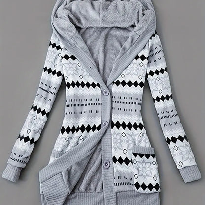 Y2K Geometric Fair Isle Hooded Button Knit Cardigan