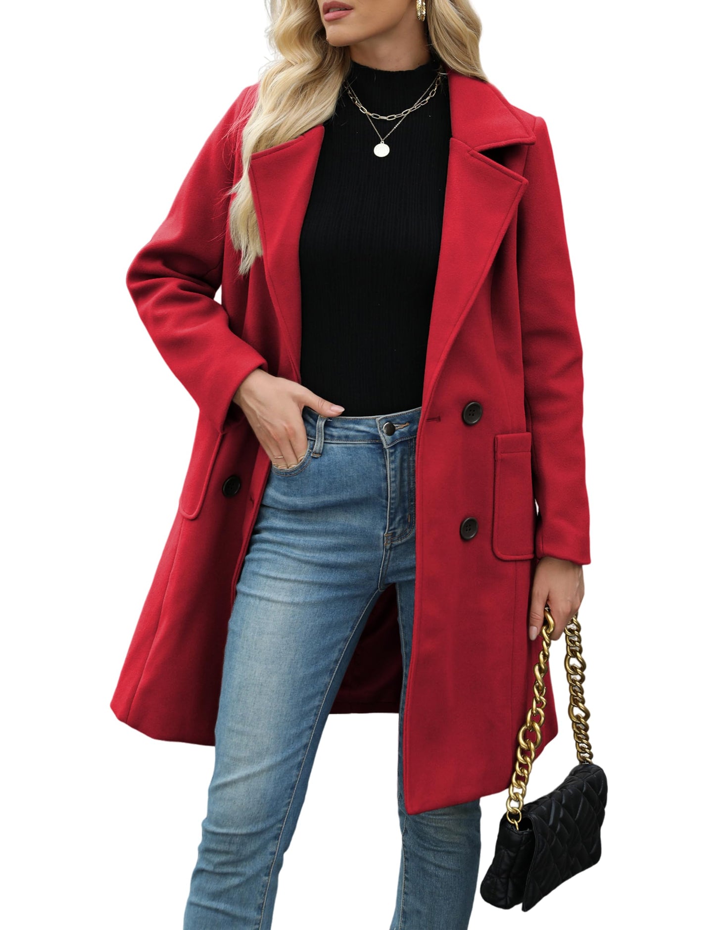 Women Open Front Wool Coat Lapel Double Button Mid‑Length Overcoat With Pockets