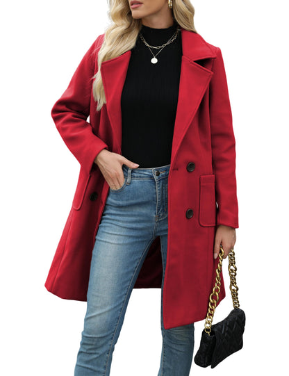 Women Open Front Wool Coat Lapel Double Button Mid‑Length Overcoat With Pockets