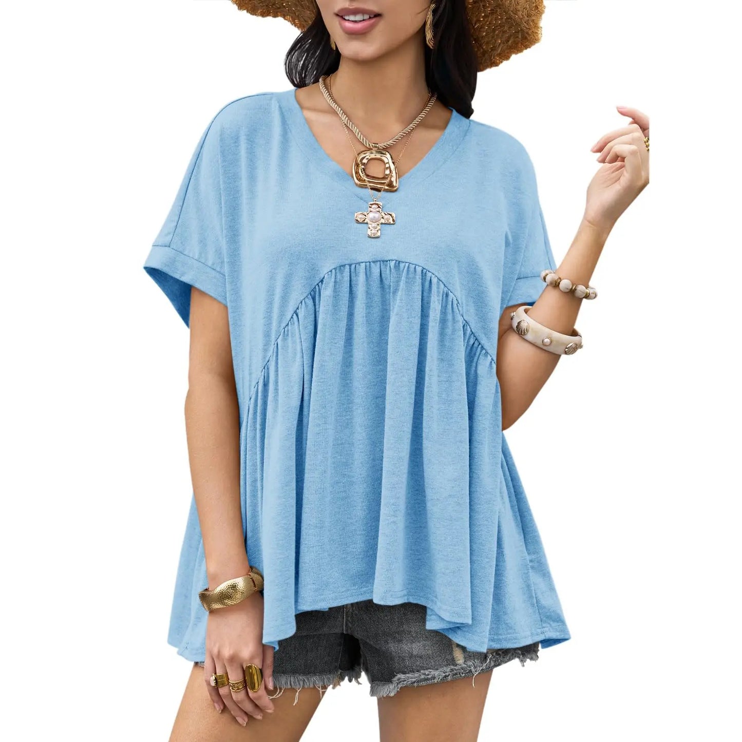 Women's Ruffled Top, Loose Babydoll Style, Short-Sleeve V-Neck T-Shirt