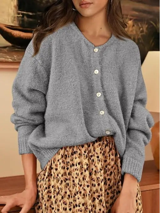 Round Neck Button Long Sleeve Knit Cardigan