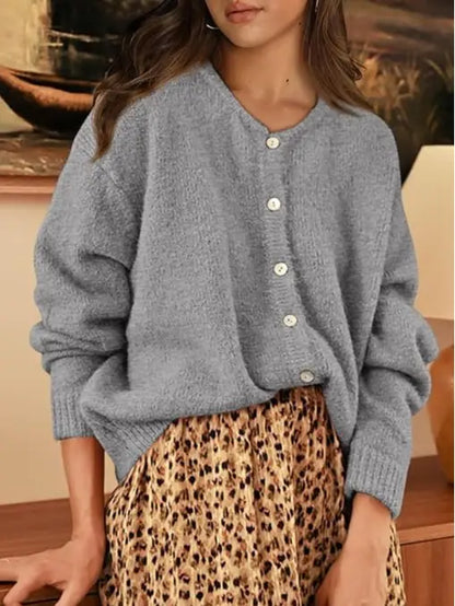 Round Neck Button Long Sleeve Knit Cardigan