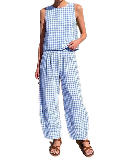 Women Plaid Sleeveless Crop Top & Elastic Waist Wide Leg Pants 2 Piece Matching Set