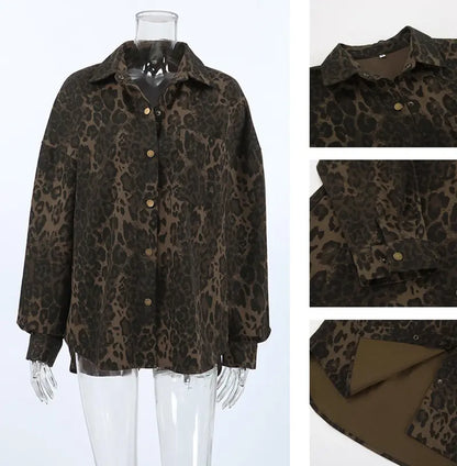 Trendy Retro Leopard Print Oversized Denim Shacket