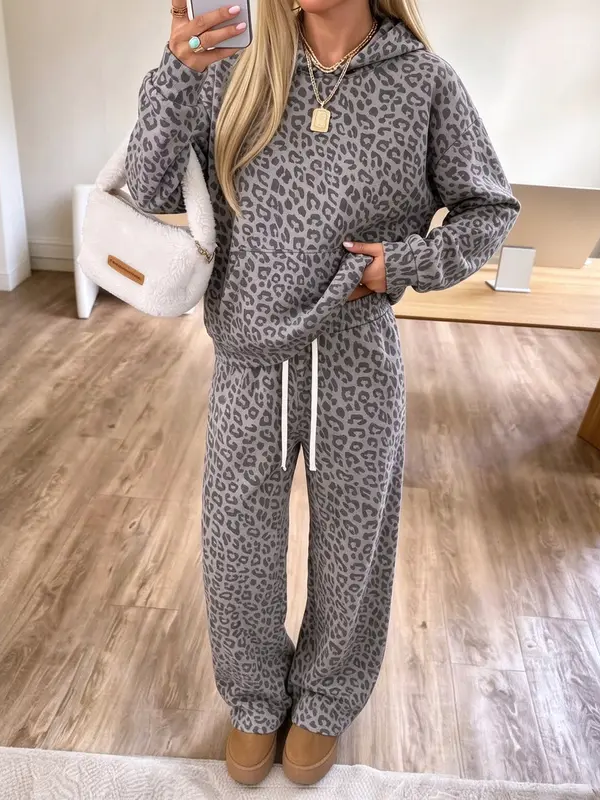 Leopard Print Hooded Two Piece Set