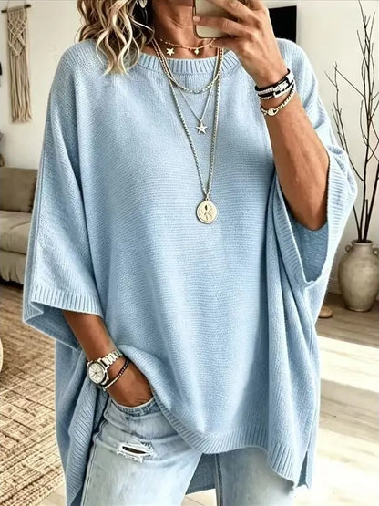 Women Round Neck Side Slit Oversized Batwing Sleeve Knit Top