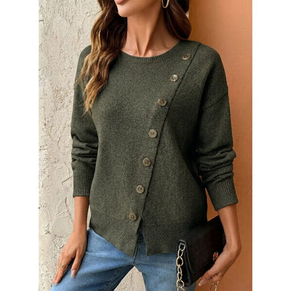 Women Long Sleeve Crew Neck Asymmetric Diagonal Button Knit Top