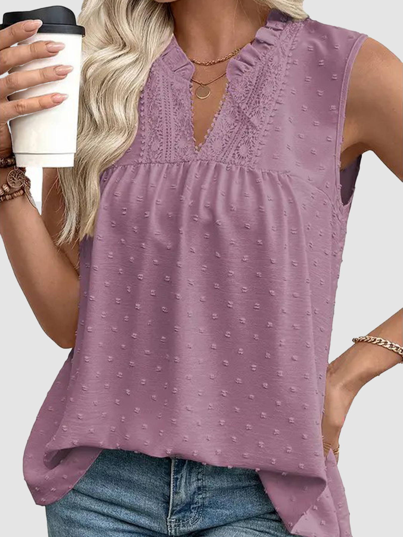 Women's Lace V Neck Dressy Casual Sleeveless Blouses Elegant Swiss Dot Smocked Shirts