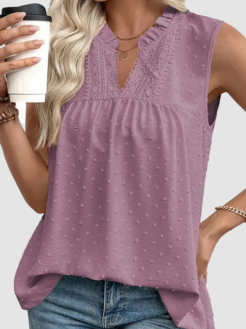 Women's Lace V Neck Dressy Casual Sleeveless Blouses Elegant Swiss Dot Smocked Shirts