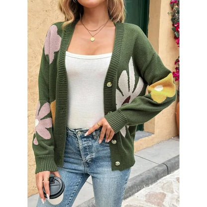 V-Neck Floral Pattern Button Knit Cardigan