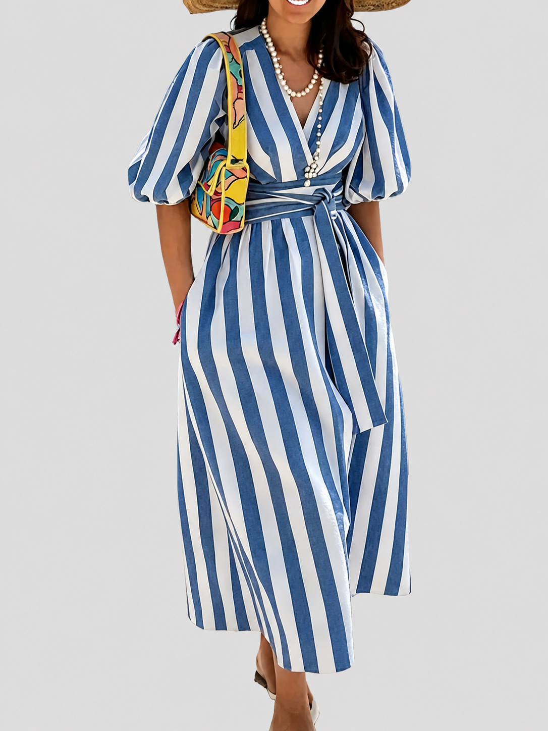Deep V Neck Puff Sleeve Striped Maxi Dress With Belt