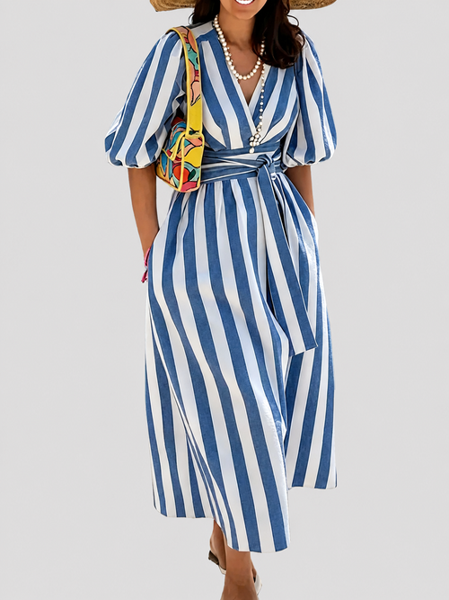 Deep V Neck Puff Sleeve Striped Maxi Dress With Belt