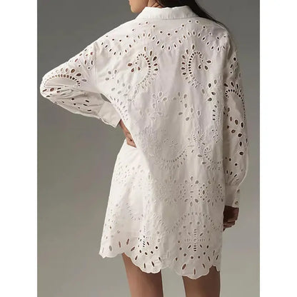 Oversized Eyelet Embroidered Long Sleeve Shirt Dress